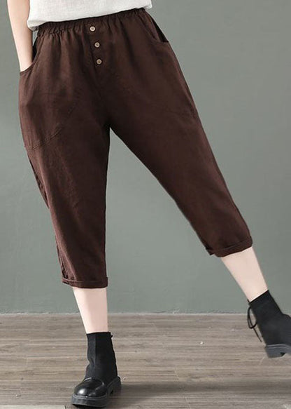 Fine Coffee Pockets Patchwork Linen Crop Pants Summer LY0589