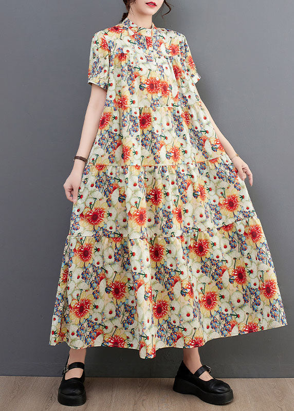 Fine Floral Print Stand Collar Exra Large Hem Cotton Shirt Dresses Summer LY1542