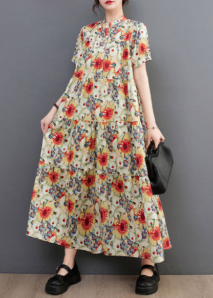 Fine Floral Print Stand Collar Exra Large Hem Cotton Shirt Dresses Summer LY1542