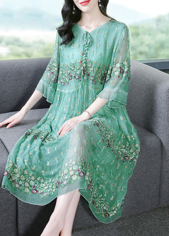 Fine Grass Green Embroideried Patchwork Silk Maxi Dresses AC3047