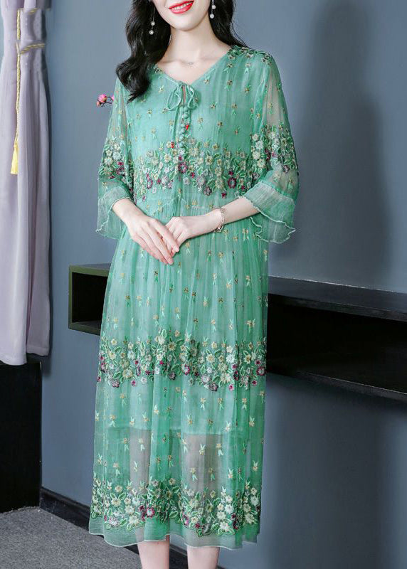 Fine Grass Green Embroideried Patchwork Silk Maxi Dresses Summer LY0741