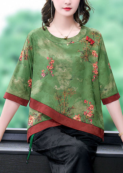 Fine Green Asymmetrical Patchwork Silk Shirts Bracelet Sleeve LY0469