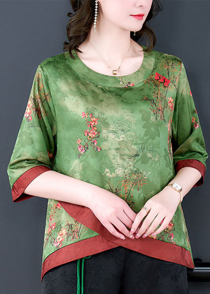 Fine Green Asymmetrical Patchwork Silk Shirts Bracelet Sleeve LY0469