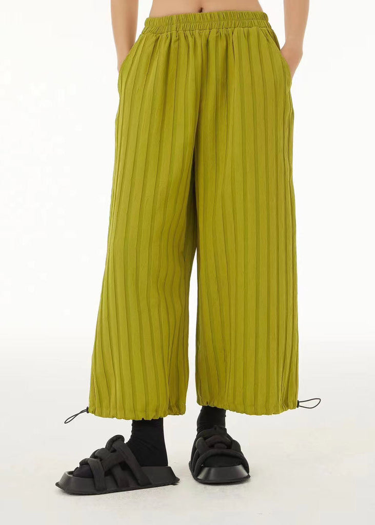 Fine Green Elastic Waist Striped Drawstring Wide Leg Pants Trousers Summer LC0151