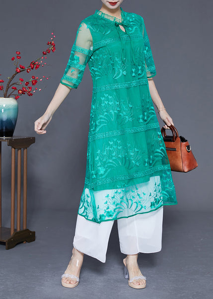 Fine Green Embroideried Hollow Out Tulle Holiday Dress Half Sleeve LY1860