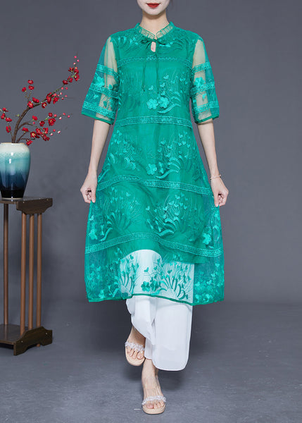 Fine Green Embroideried Hollow Out Tulle Holiday Dress Half Sleeve LY1860