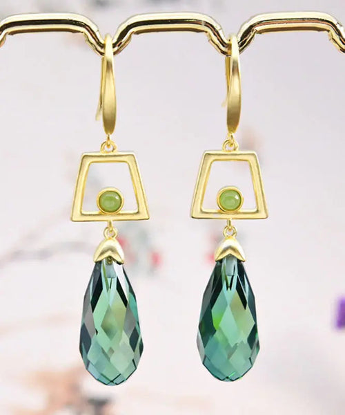 Fine Green Sterling Silver Overgild Inlaid Crystal Jade Drop Earrings Ada Fashion