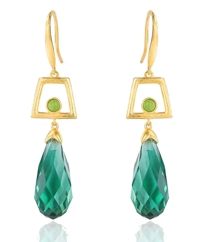 Fine Green Sterling Silver Overgild Inlaid Crystal Jade Drop Earrings Ada Fashion