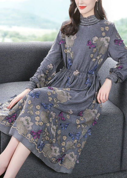 Fine Grey High Neck Embroideried Butterfly Wool Cinched Dress Spring LY0742