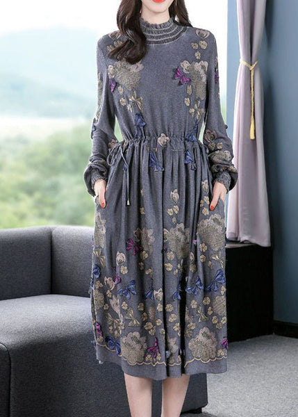 Fine Grey High Neck Embroideried Butterfly Wool Cinched Dress Spring LY0742