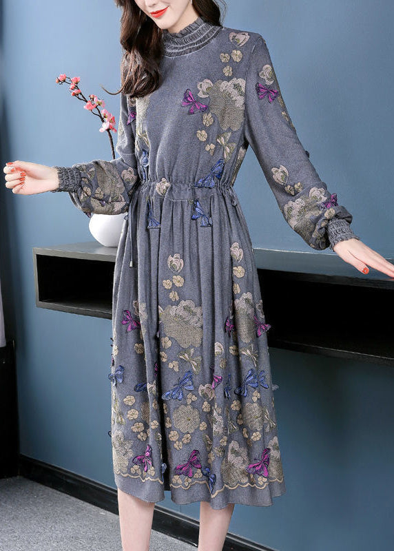 Fine Grey High Neck Embroideried Butterfly Wool Cinched Dress Spring LY0742