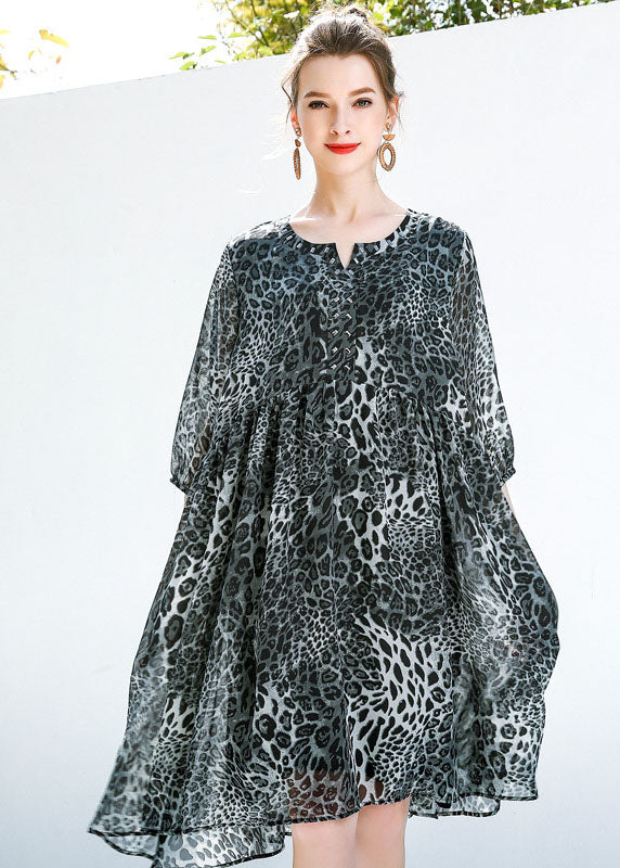 Fine Grey Oversized Leopard Print Chiffon Maxi Dresses Summer LY0336