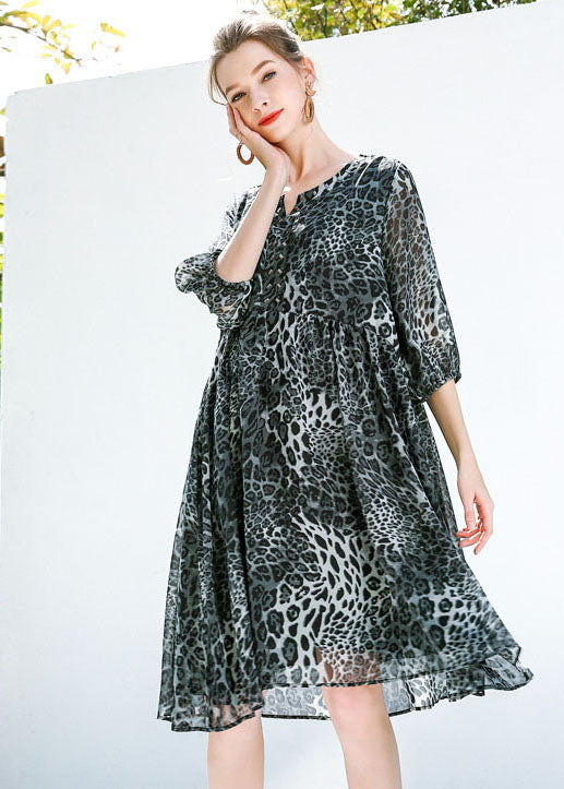 Fine Grey Oversized Leopard Print Chiffon Maxi Dresses Summer LY0336