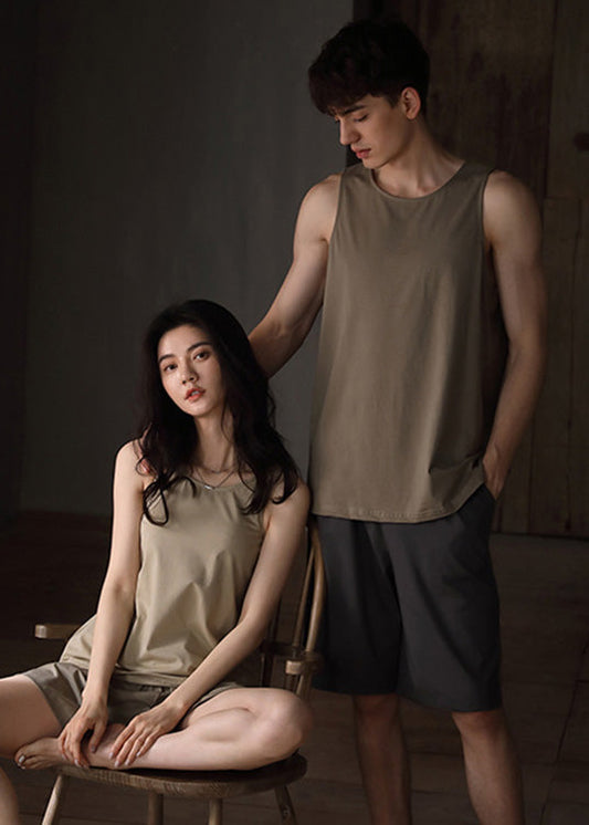 Fine Khaki O-Neck Cozy Cotton Couple Pajamas Two Pieces Set Summer LY1895