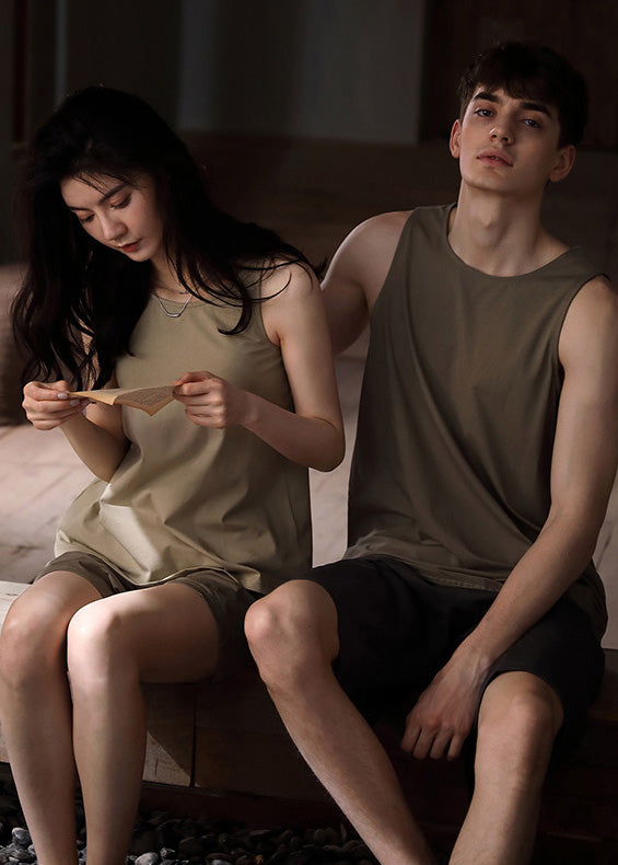 Fine Khaki O-Neck Cozy Cotton Couple Pajamas Two Pieces Set Summer LY1895