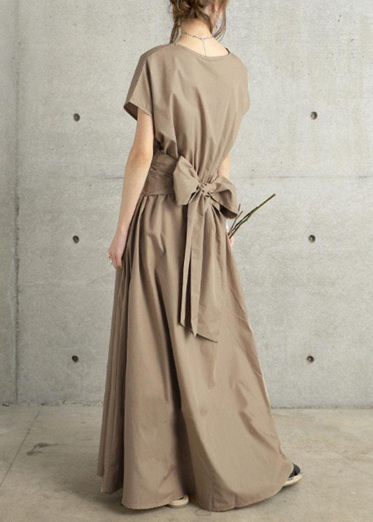 Fine Khaki V Neck Wrinkled Patchwork Cotton Long Dress Summer LY1315