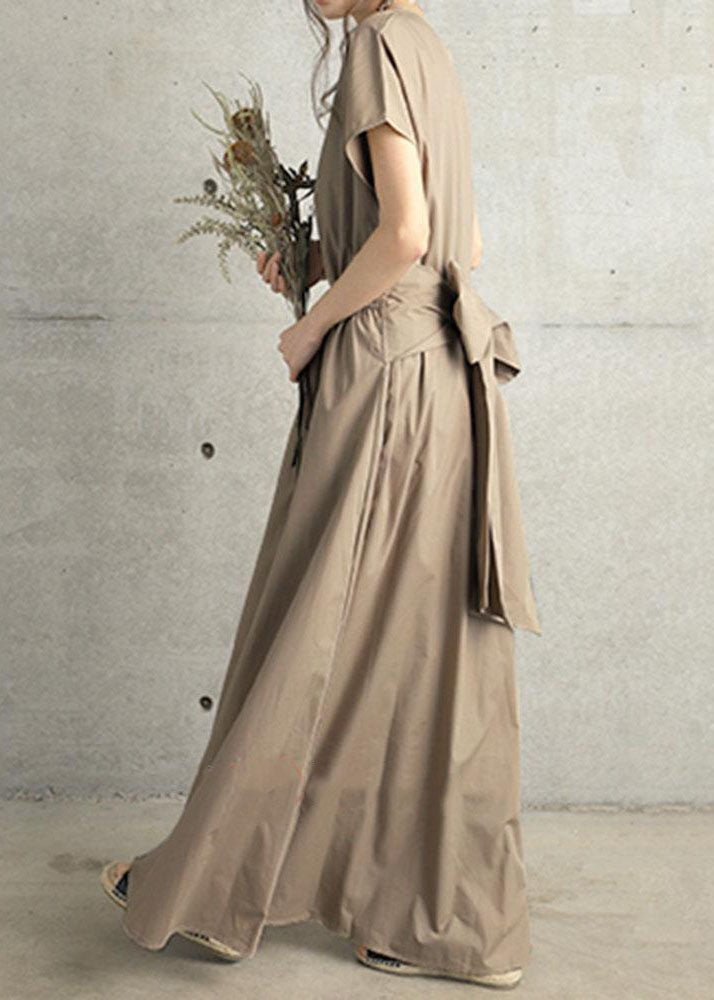 Fine Khaki V Neck Wrinkled Patchwork Cotton Long Dress Summer LY1315