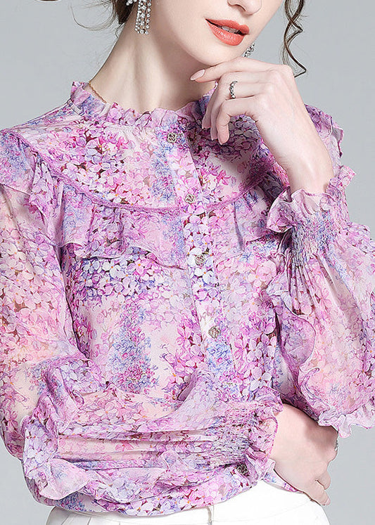 Fine Light Purple Ruffled Print Button Silk Shirts Long Sleeve LY0682