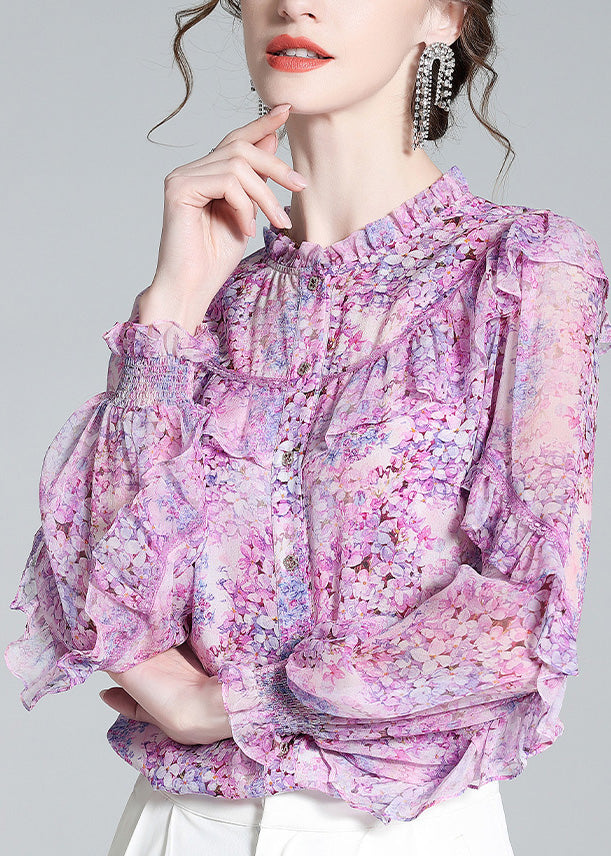 Fine Light Purple Ruffled Print Button Silk Shirts Long Sleeve LY0682