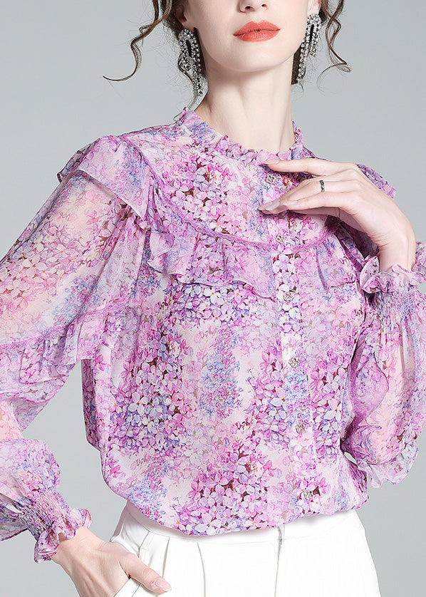 Fine Light Purple Ruffled Print Button Silk Shirts Long Sleeve LY0682