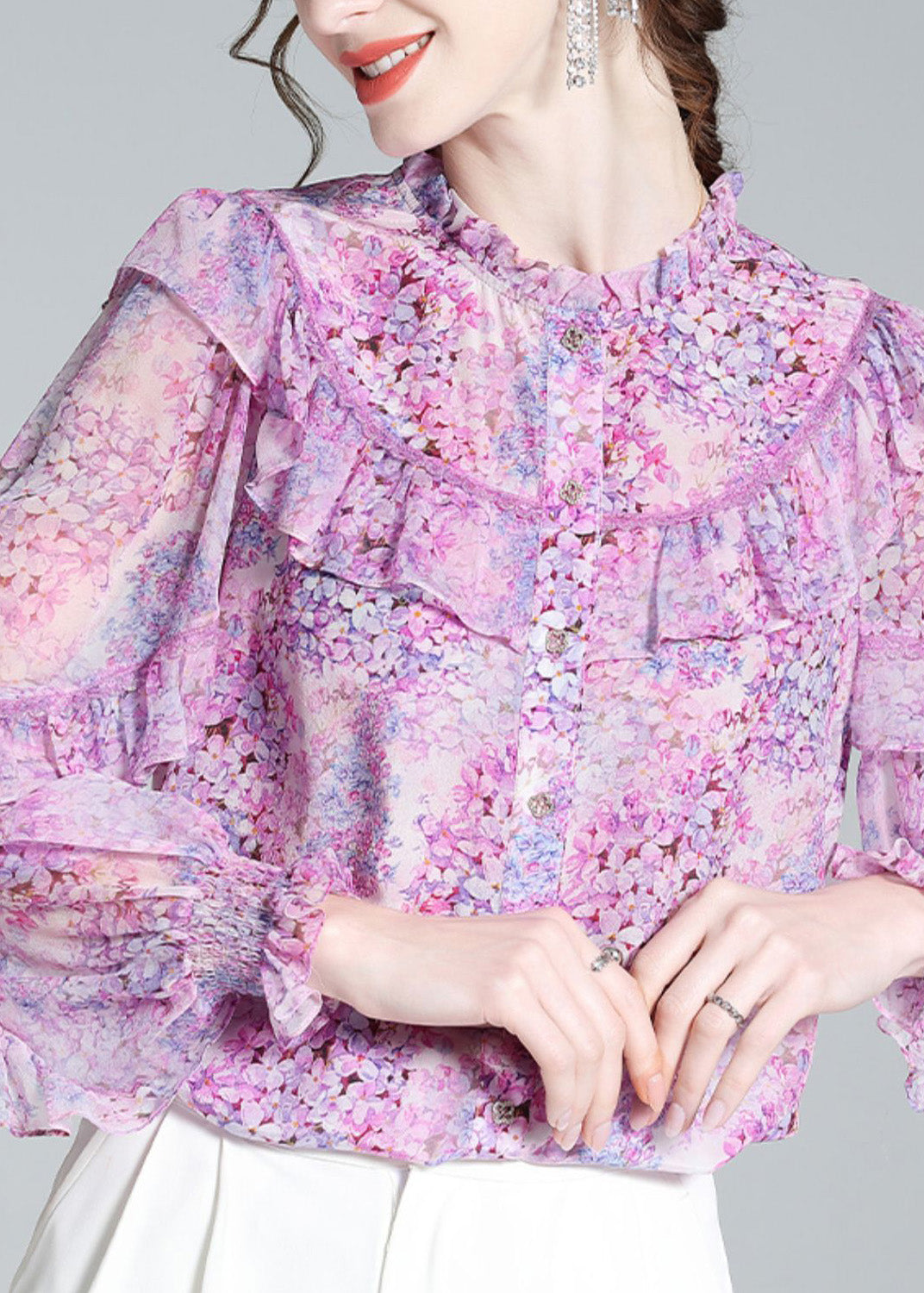 Fine Light Purple Ruffled Print Button Silk Shirts Long Sleeve AC3055