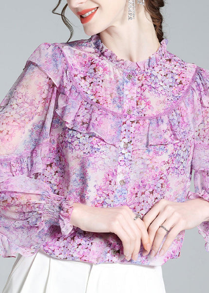 Fine Light Purple Ruffled Print Button Silk Shirts Long Sleeve AC3055