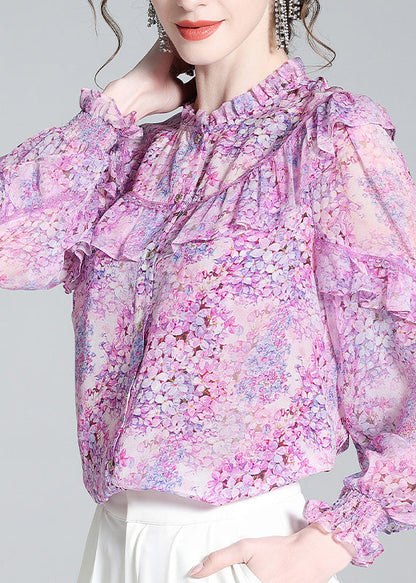 Fine Light Purple Ruffled Print Button Silk Shirts Long Sleeve LY0682