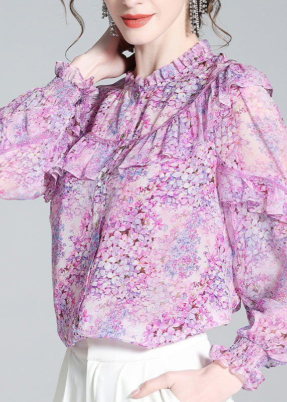 Fine Light Purple Ruffled Print Button Silk Shirts Long Sleeve AC3055