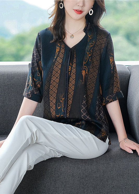 Fine Navy V Neck Print Patchwork Silk Shirt Summer LY0438