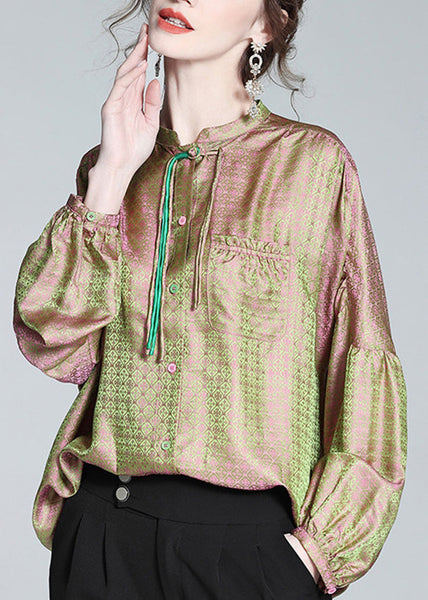 Fine Pink Green Stand Collar Print Button Lantern Sleeve LY1012