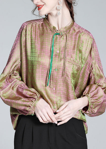 Fine Pink Green Stand Collar Print Button Lantern Sleeve LY1012