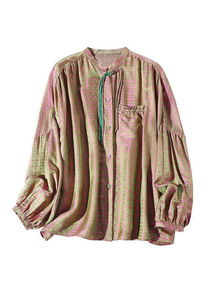 Fine Pink Green Stand Collar Print Button Lantern Sleeve LY1012