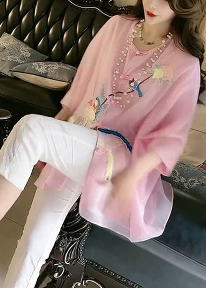 Fine Pink O-Neck Embroideried Floral Button Silk Shirt Summer LY0807