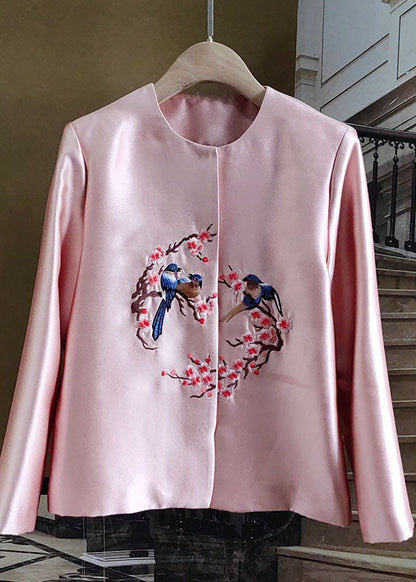 Fine Pink O-Neck Embroideried Patchwork Silk Coat Spring LY0990