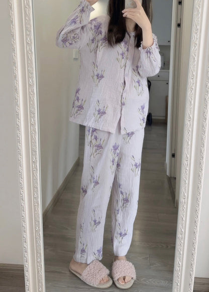 Fine Purple Print Button Pajamas Two Pieces Set Spring LY1872