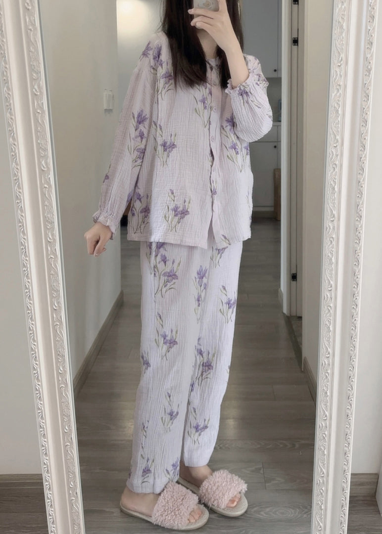 Fine Purple Print Button Pajamas Two Pieces Set Spring LY1872