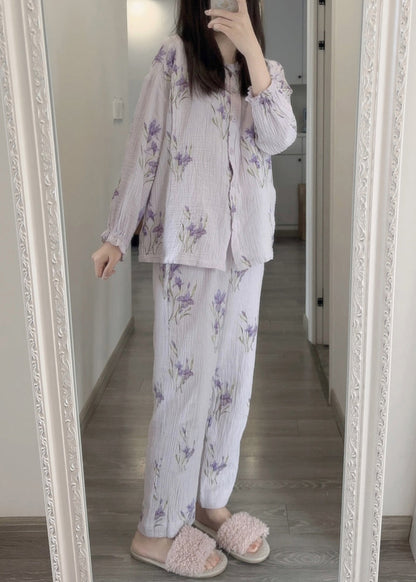 Fine Purple Print Button Pajamas Two Pieces Set Spring LY1872