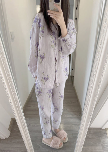 Fine Purple Print Button Pajamas Two Pieces Set Spring LY1872