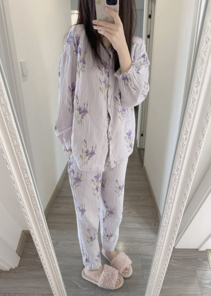 Fine Purple Print Button Pajamas Two Pieces Set Spring LY1872
