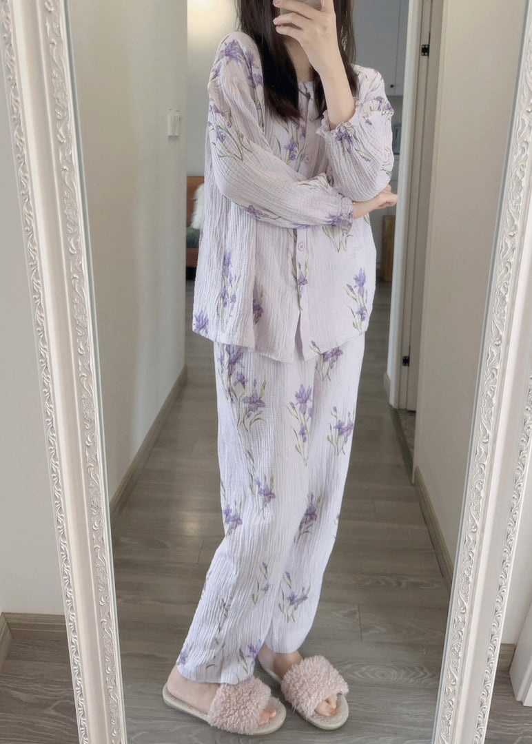 Fine Purple Print Button Pajamas Two Pieces Set Spring LY1872