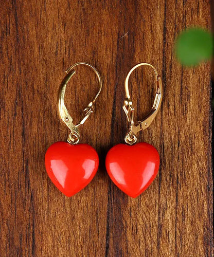 Fine Red 14K Gold Love Cinnabar Drop Earrings Ada Fashion