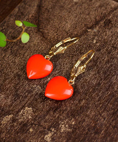 Fine Red 14K Gold Love Cinnabar Drop Earrings Ada Fashion