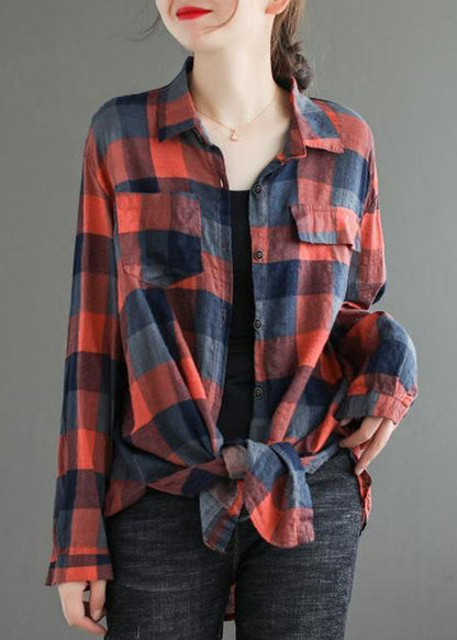 Fine Red Peter Pan Collar Plaid Pockets Cotton Shirts Top Spring LY0598