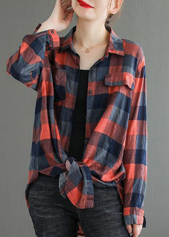 Fine Red Peter Pan Collar Plaid Pockets Cotton Shirts Top Spring LY0598