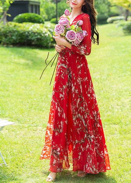 Fine Red Print Slim Chiffon Vacation Long Dresses Long Sleeve LY1775