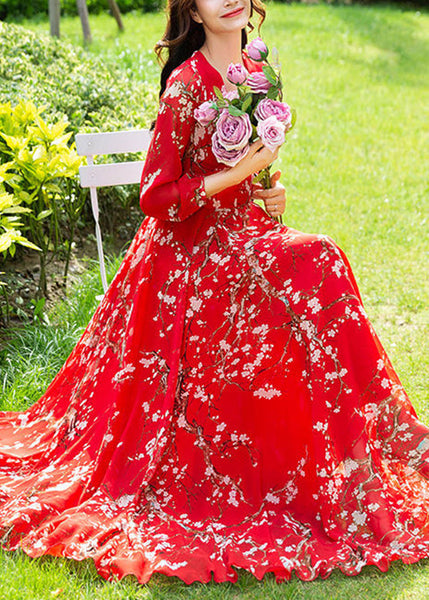 Fine Red Print Slim Chiffon Vacation Long Dresses Long Sleeve LY1775