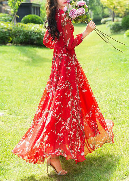 Fine Red Print Slim Chiffon Vacation Long Dresses Long Sleeve LY1775
