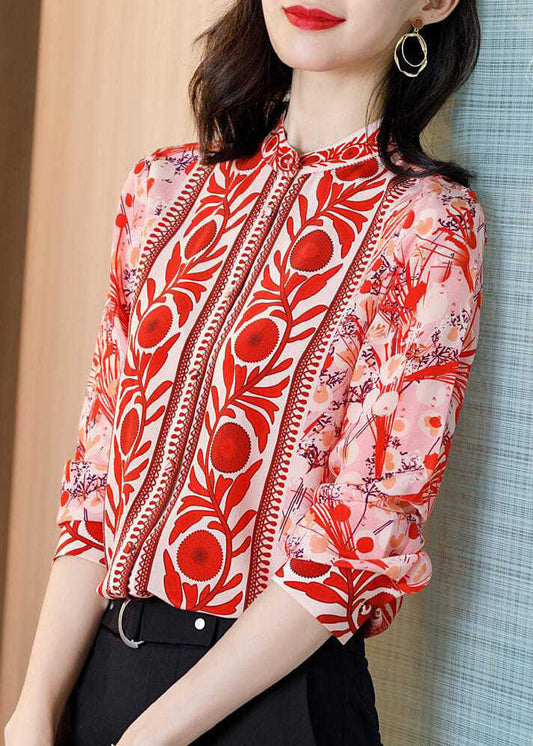 Fine Red Stand Collar Print Patchwork Silk Shirt Top Spring LY0402