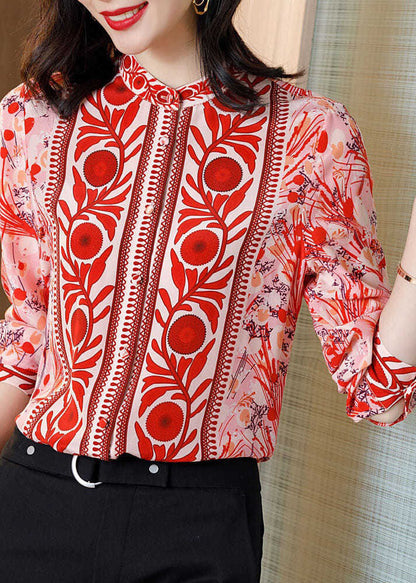 Fine Red Stand Collar Print Patchwork Silk Shirt Top Spring LY0402