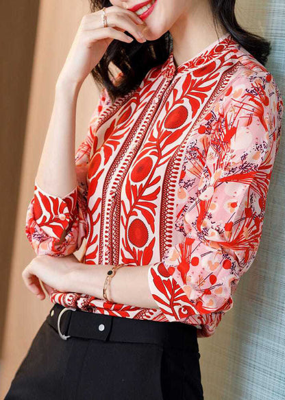 Fine Red Stand Collar Print Patchwork Silk Shirt Top Spring LY0402